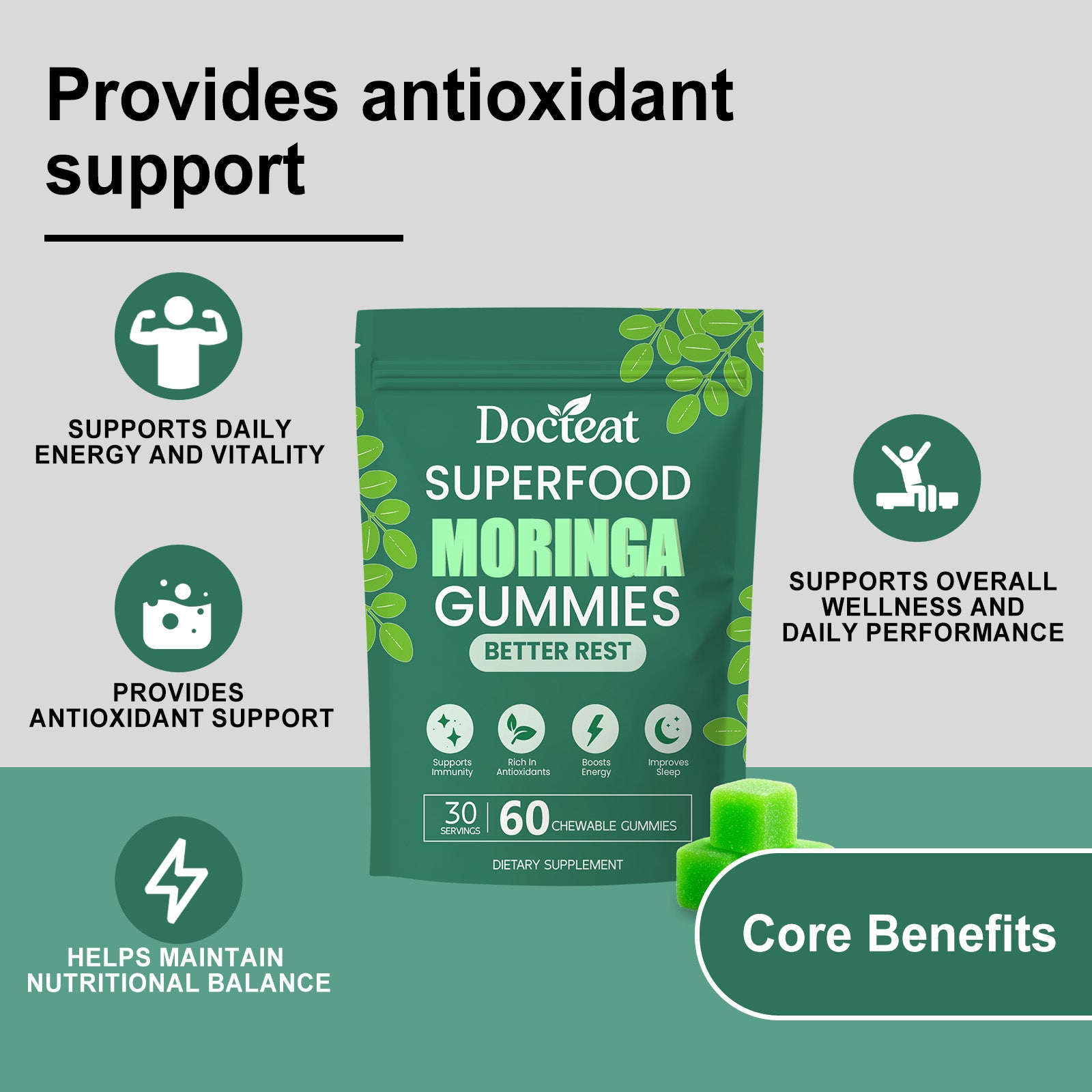 Gomitas Docteat Moringa para el sueño: suplemento dietético herbal para la relajación nocturna, vegano y con ingredientes naturales, 60 unidades