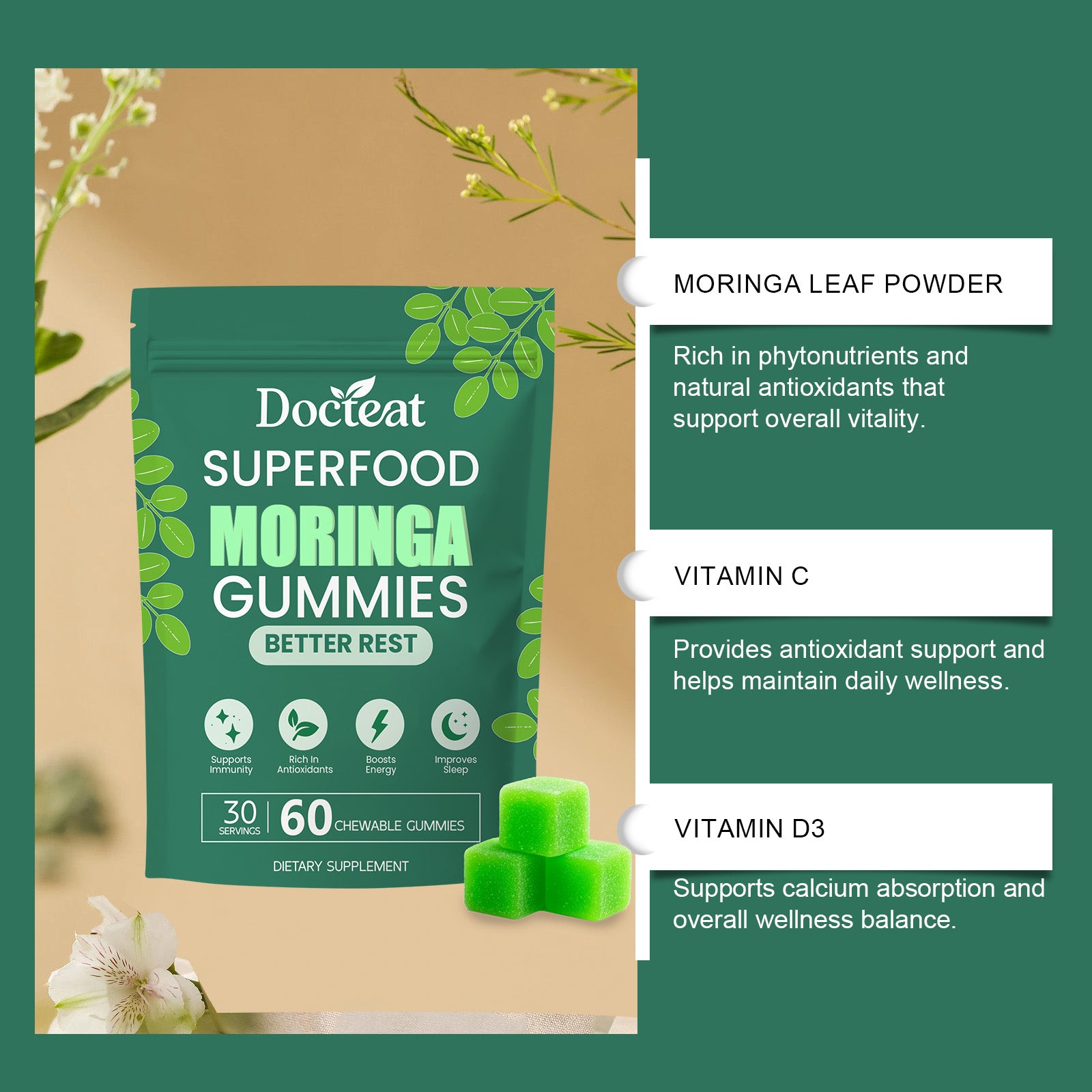 Gomitas Docteat Moringa para el sueño: suplemento dietético herbal para la relajación nocturna, vegano y con ingredientes naturales, 60 unidades