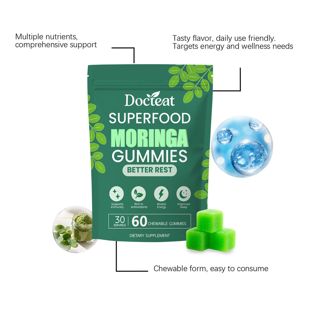 Gomitas Docteat Moringa para el sueño: suplemento dietético herbal para la relajación nocturna, vegano y con ingredientes naturales, 60 unidades
