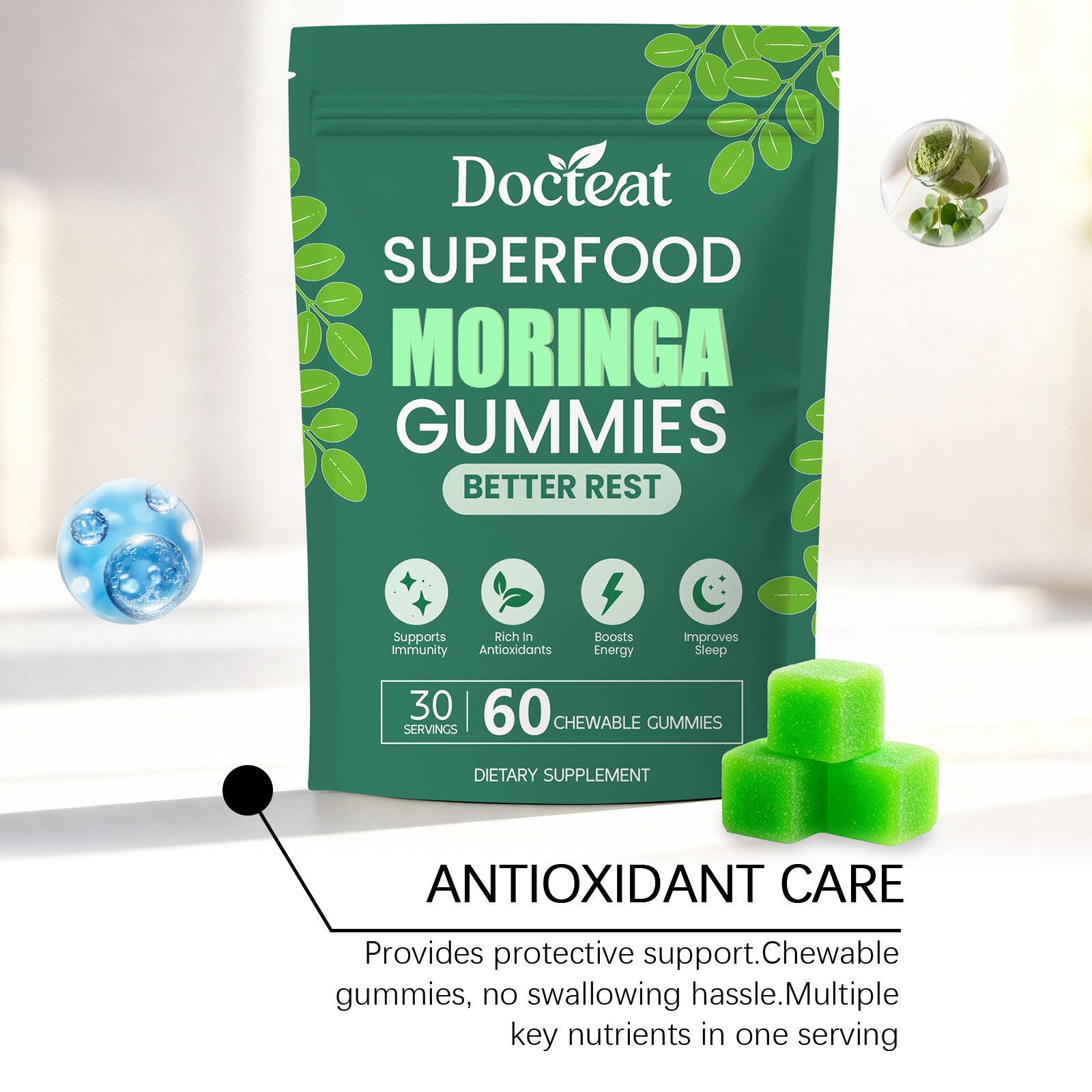Gomitas Docteat Moringa para el sueño: suplemento dietético herbal para la relajación nocturna, vegano y con ingredientes naturales, 60 unidades